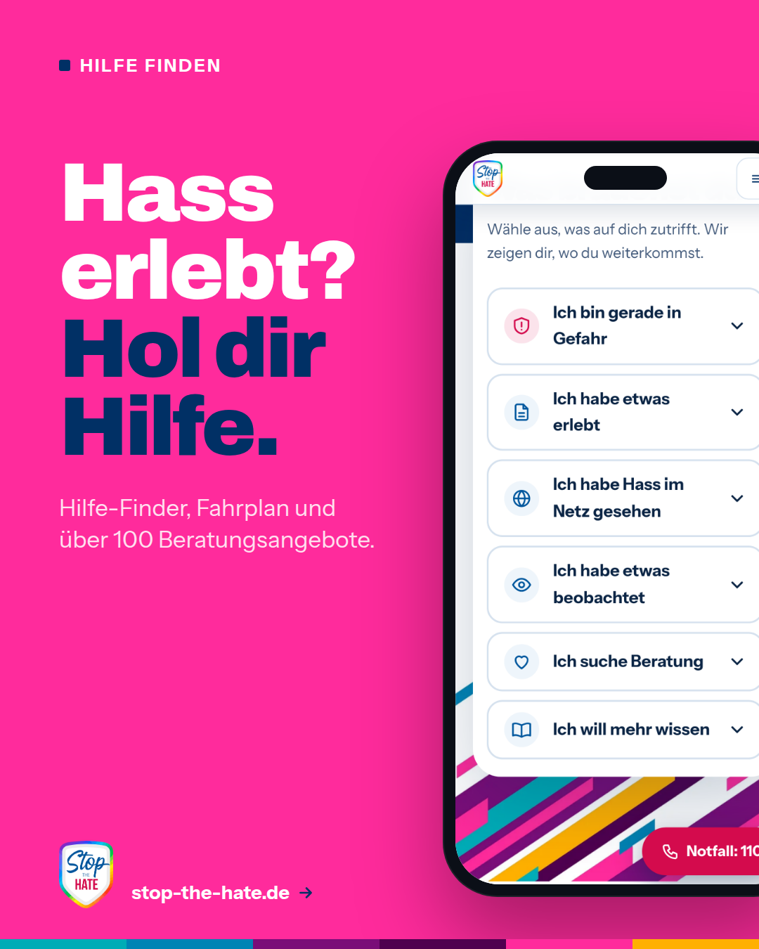 Vorschau: Social-Media-Bild „Hass erlebt? Hol dir Hilfe.“